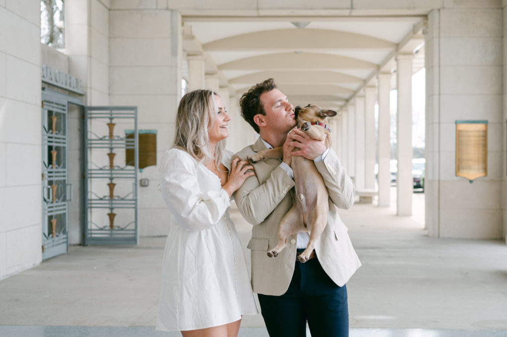Engagement photos with puppy at the Muny in Forest Park, St. Louis