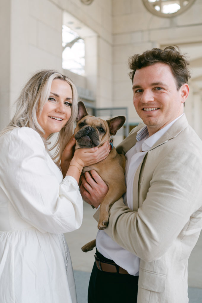 Engagement session photos with dog at Forest Park in St. Louis