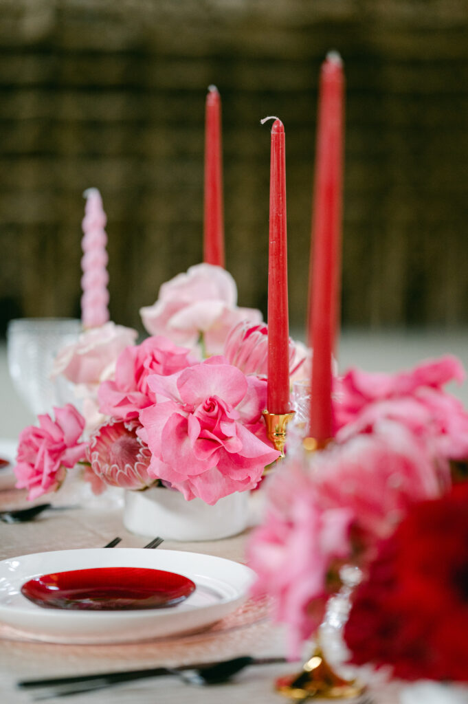 Red and pink wedding florals