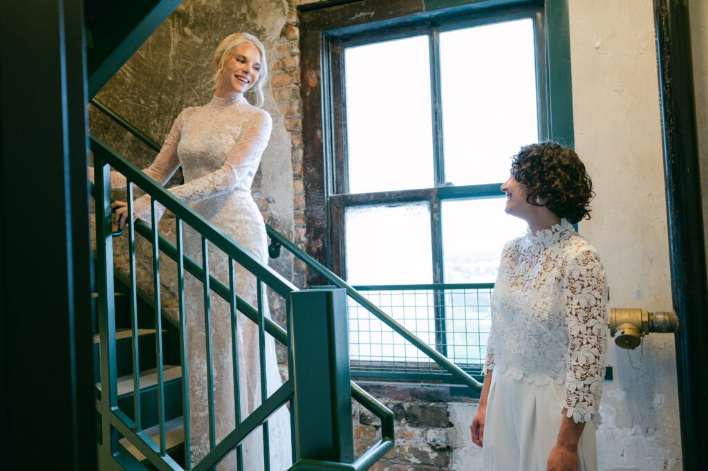 Two brides at their first look on their wedding day