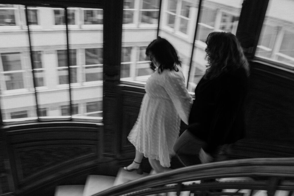 Engagement photos at the Rookery Building in Chicago