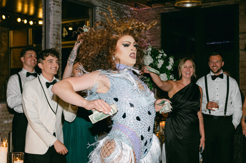 Drag queen performing at a wedding