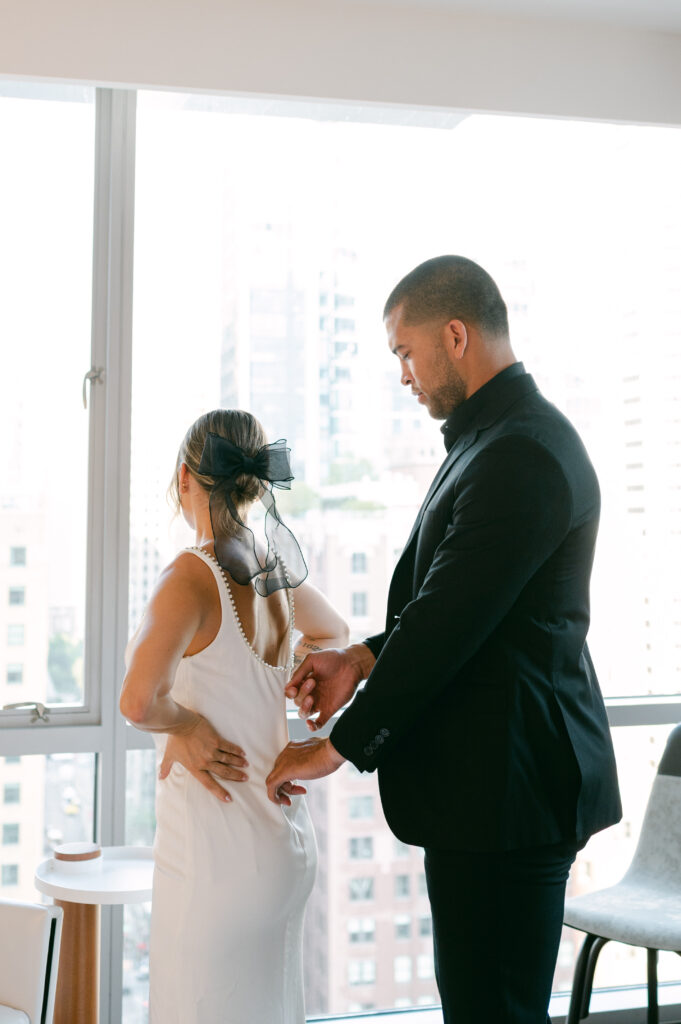 Couple getting ready for their wedding at The Wit Hotel in Chicago