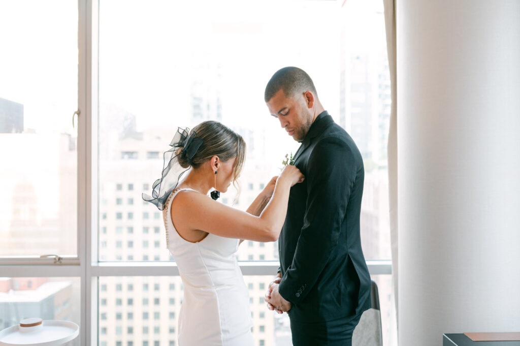 Couple getting ready for their wedding at The Wit Hotel in Chicago