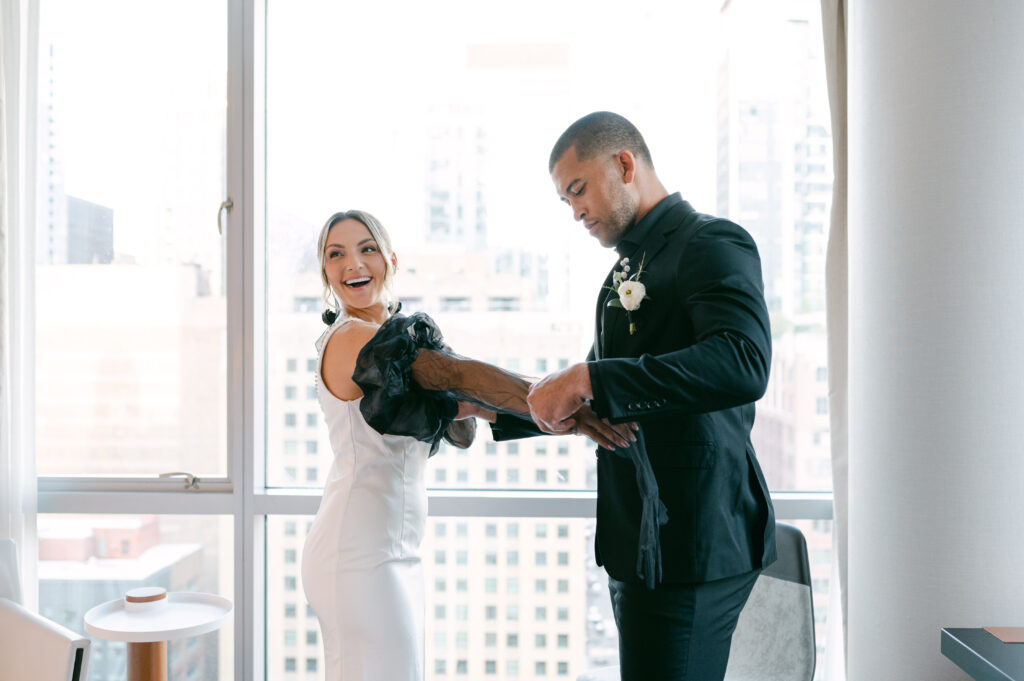 Couple getting ready for their wedding at The Wit Hotel in Chicago